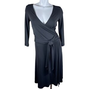 BCBGMaxAzria Black Deep V-Neck Wrap & Tie at Waist Long Sleeve Midi Dress Small